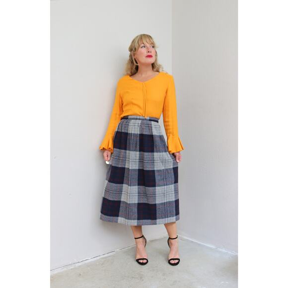 1970's Vintage Plaid Midi Fall Wool Skirt ~ Women's XS SM ~ 26" to 27" Waist 70s - Picture 2 of 9